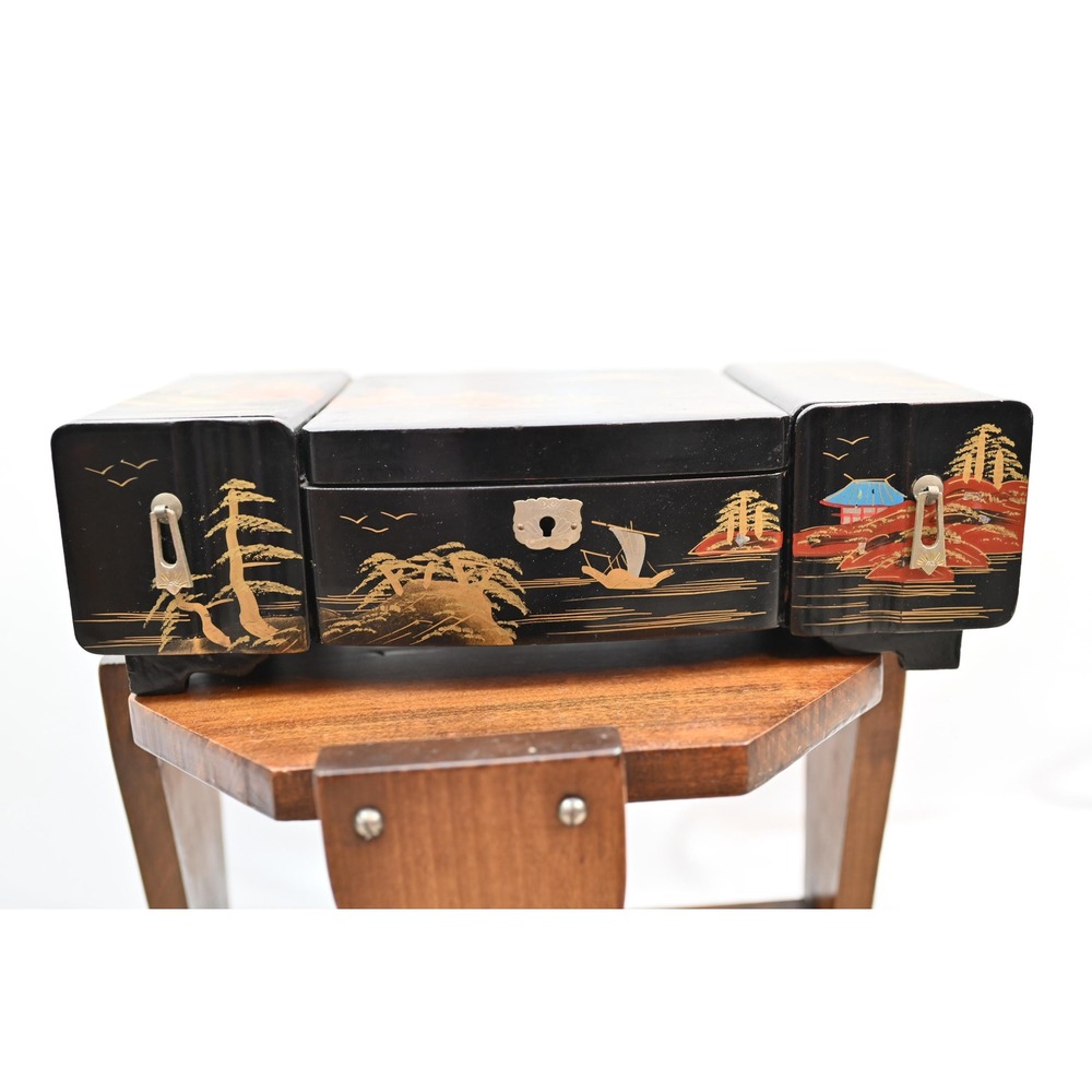 Vintage Japanese Mid Century Black Lacquer Jewelry Box Sankyo Music Box Fuji